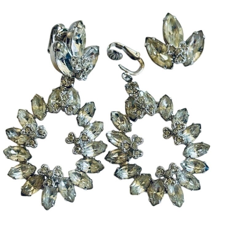 Vtg Eisenberg Silver Crystal Rhinestone Earrings Jeweled Dangle As Is Repair 35$